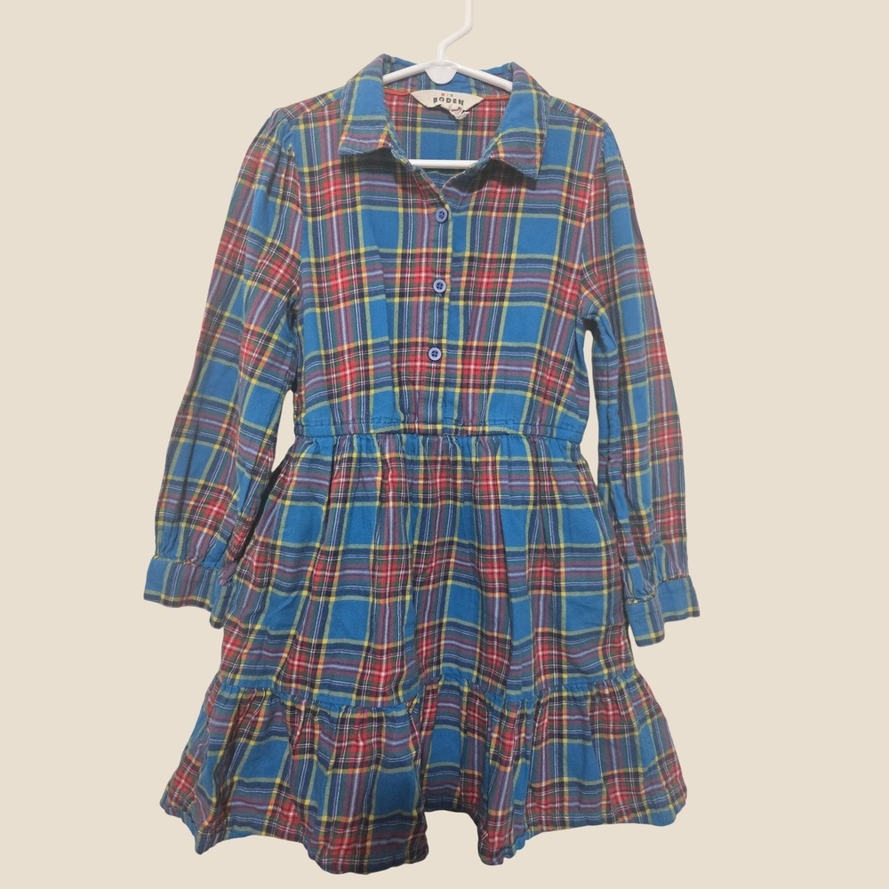 Mini Boden Girls Blue Plaid Flannel Tiered Shirt Dress Size 8-9Y Long Sleeve